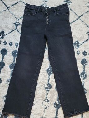 Zara Black High-Rise Cropped Flare Jeans with Button-Fly